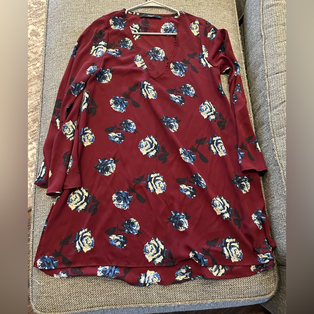 J Roberts size small maroon with blue roses mini dress